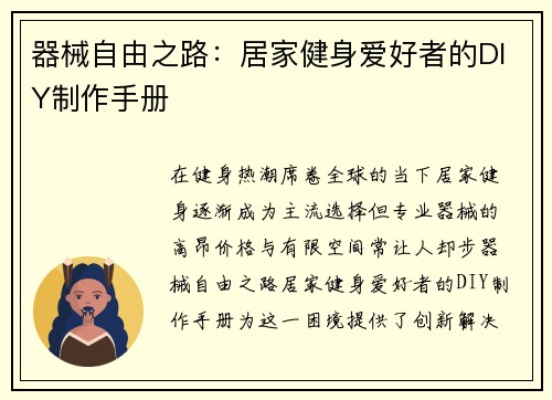 器械自由之路：居家健身爱好者的DIY制作手册