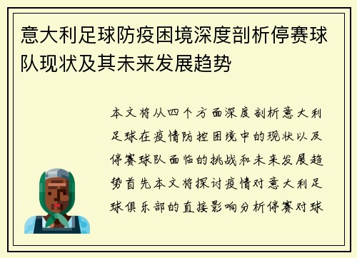 意大利足球防疫困境深度剖析停赛球队现状及其未来发展趋势