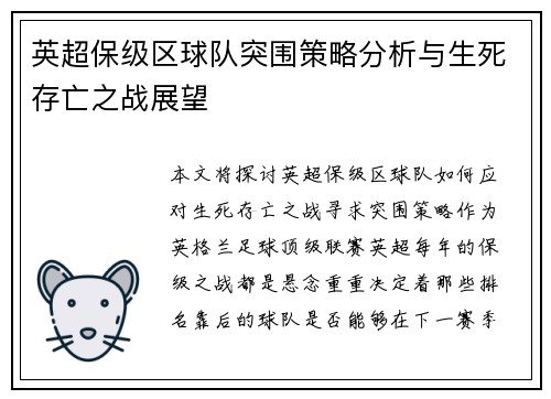 英超保级区球队突围策略分析与生死存亡之战展望